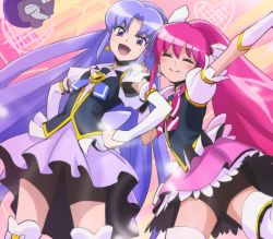 10s 2girls ^_^ aino_megumi bow brooch closed_eyes cure_fortune cure_lovely gurasan_(happinesscharge_precure!) hair_down hand_on_another&#039;s_shoulder hands_on_own_hips happinesscharge_precure! haruyama_kazunori heart heart_brooch hikawa_iona long_hair magical_girl multiple_girls no_panties open_mouth pink_bow pink_hair pink_skirt ponytail precure purple_eyes purple_hair purple_skirt skirt smile thighhighs very_long_hair wide_ponytail