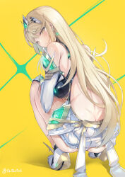 1girl ass back backless_dress backless_outfit bare_shoulders blonde_hair blush breasts butt_crack dress earrings elbow_gloves gloves headpiece inoue_takuya_(tactactak) jewelry large_breasts long_hair looking_at_viewer microdress mythra_(xenoblade) sideboob smile solo squatting swept_bangs tiara very_long_hair white_dress xenoblade_chronicles_(series) xenoblade_chronicles_2 yellow_eyes