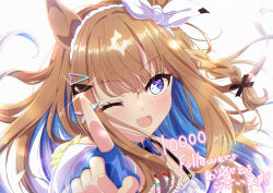 1girl ;d absurdres almond_eye_(umamusume) blue_eyes blue_gloves blue_hair braid brown_hair commentary_request fingerless_gloves gloves hairband highres horse_girl juri-arima looking_at_viewer one_eye_closed open_mouth simple_background single_braid smile solo sparkling_eyes umamusume upper_body white_background white_hairband