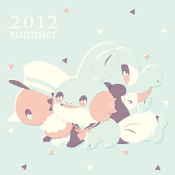 Rule 34 | 2012, blue background, blue theme, bright pupils, cream starter (stand), full body, gen 3 pokemon, limited palette, manami (uovoegg), mudkip, neckerchief, nintendo, no humans, nostrils, open mouth, pokemon, pokemon (creature), simple background, torchic, treecko, triangle, white pupils