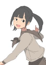 1girl absurdres black_hair highres long_hair long_sleeves looking_at_viewer original petite pleated_skirt sailor_collar school_uniform serafuku skirt smile solo takamichi twintails white_background