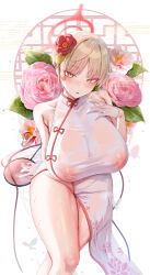 1girl absurdres armpit_crease armpits bare_shoulders bishooji blonde_hair blue_archive blush breasts china_dress chinese_clothes covered_erect_nipples dress eyeliner flower hair_flower hair_ornament halo hand_on_own_chest highres large_breasts looking_at_viewer makeup marina_(blue_archive) marina_(qipao)_(blue_archive) nipples open_mouth qipao_dress short_hair sleeveless sleeveless_dress solo steam steaming_body sweat sweaty_clothes thick_thighs thighs tilted_head very_sweaty wet wet_clothes white_dress yellow_eyes