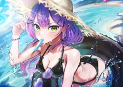 Rule 34 | 1girl, absurdres, beach, bikini, black bikini, black tail, breasts, demon girl, demon tail, food, hat, heart, heart-shaped eyewear, highres, holding, holding food, holding popsicle, hololive, long hair, medium breasts, mouth hold, ocean, popsicle, poteto25255, purple-tinted eyewear, purple hair, solo, straw hat, sunglasses, sunlight, swim ring, swimsuit, tail, tinted eyewear, tokoyami towa, unworn eyewear, virtual youtuber, water, water drop
