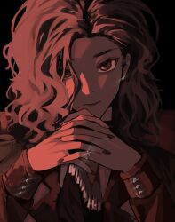1girl black_background closed_mouth curly_hair earrings hands_up highres interlocked_fingers jewelry looking_at_viewer monochrome multicolored_hair noire_(reverse:1999) own_hands_together portrait red_theme reverse:1999 shirt sidelighting solo wilson_(wilson1151487)
