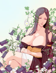 1girl bare_shoulders black_dress black_hair breasts cleavage closed_mouth collarbone crossed_legs detached_sleeves dress female_focus flower hair_vines highres large_breasts long_hair looking_at_viewer mahou_tsukai_no_yome materclaws own_hands_together parted_bangs pink_eyes plant sagging_breasts simple_background sitting solo strapless strapless_dress titania_(mahou_tsukai_no_yome) vines