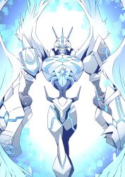 Rule 34 | armor, blue background, blue eyes, cowboy shot, digimon, digimon (creature), feathered wings, highres, horns, mecha, mitosupa (qsiqydfz7nesh9w), neon trim, omegamon, omegamon merciful mode, robot, solo, white armor, white wings, wings
