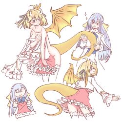 Rule 34 | 2girls, 3:, :&gt;, ^ ^, ahoge, anisphia wynn palettia, anjuro zeeku, ass cutout, blonde hair, blue hair, blush, bow, closed eyes, clothes in front, clothing cutout, collarbone, commentary, covering privates, dragon girl, dragon tail, dragon wings, dress, english commentary, euphyllia magenta, green eyes, hair bow, highres, holding, holding another&#039;s tail, holding unworn clothes, holding unworn dress, horns, jacket, light blue hair, long hair, military uniform, multiple girls, multiple views, nude, nude cover, pink dress, pinstripe bow, profile, short hair, simple background, sparkle, tail, tail through clothes, tensei oujo to tensai reijou no mahou kakumei, thighhighs, white background, white jacket, white thighhighs, wings, yuri