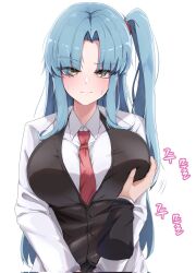 1girl angela_(project_moon) black_jacket blue_hair breasts chanwoo grabbing_another&#039;s_breast groping highres jacket korean_text lab_coat large_breasts lobotomy_corporation necktie project_moon red_necktie shirt side_ponytail simple_background translation_request white_background white_shirt yellow_eyes