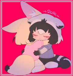 2girls animal_ears black_hair black_skirt blonde_hair blue_sweater closed_eyes common_raccoon_(kemono_friends) fennec_(kemono_friends) fox_ears fox_girl fox_tail grey_hair grey_pantyhose hair_between_eyes hug kemono_friends multicolored_hair multiple_girls notora pantyhose pink_sweater pleated_skirt puffy_short_sleeves puffy_sleeves raccoon_ears raccoon_girl raccoon_tail red_background short_sleeves sidelocks sitting skirt sweater tail tearing_up two-tone_hair white_hair white_pantyhose white_skirt yellow_pantyhose