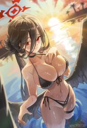 1girl absurdres bikini black_bikini black_choker black_hair black_wings blue_archive breasts choker commentary_request halo hasumi_(blue_archive) hasumi_(swimsuit)_(blue_archive) highres large_breasts long_hair looking_at_viewer navel ocean official_alternate_costume official_alternate_hairstyle outdoors palm_tree red_eyes red_halo sideboob solo stomach sunset swimsuit thigh_strap thighs tree wet wings yc97