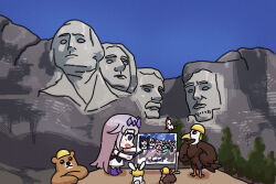 1girl bald_eagle bear bing_huyue bird blue_sky blush_stickers chest_jewel chibi circlet commentary eagle english_commentary fuwawa_abyssgard gem gem_hair_ornament hand_jewel hard_hat helmet highres holoadvent hololive hololive_english koseki_bijou koseki_bijou_(1st_costume) long_hair mococo_abyssgard mount_rushmore mountain nerissa_ravencroft open_mouth purple_eyes purple_gemstone purple_hair rabbit shiori_novella sign simple_background sky squirrel sweatdrop tree united_states virtual_youtuber woodpecker