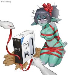 1girl 1other black_nails blush box colored_skin earrings english_text female_goblin game_console gift gift_box goblin green_skin hair_ribbon highres jewelry naked_ribbon navel original playstation_5 pointy_ears ponytail purple_eyes red_ribbon ribbon roxxxan seiza sitting skindentation sweat