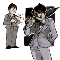 1boy batman_(series) black_hair blue_eyes dc_comics gotham gotham_(series) looking_at_viewer open_mouth oswald_chesterfield_cobblepot ra7mu2ne short_hair simple_background smile solo