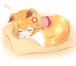 1girl :3 animal_ear_fluff animal_ears araki495 blush brown_hair closed_eyes closed_mouth commentary_request cushion facing_viewer flower fox_ears fox_girl fox_tail full_body hair_between_eyes hair_flower hair_ornament highres japanese_clothes kimono long_sleeves pink_kimono red_flower revision senko_(sewayaki_kitsune_no_senko-san) sewayaki_kitsune_no_senko-san sleeping solo tail zabuton zzz