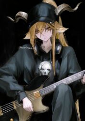 1girl absurdres animal_ears arknights baseball_cap bass_guitar black_hat black_nails black_pants blonde_hair degenbrecher_(arknights) goat_ears goat_girl goat_horns guitar hair_between_eyes hat headphones headphones_around_neck highres holding holding_guitar holding_instrument horns instrument long_hair long_sleeves mourningrain_sr nail_polish pants ponytail print_sweater skull_print solo sweater