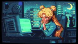 1girl animated aqua_eyes arm_support audible_music bishoujo_senshi_sailor_moon black_cat blonde_hair building cat city computer crescent_moon double_bun hair_bun indoors luna_(sailor_moon) monitor moon night pixel_art pixelhoo sitting sky sound star_(sky) starry_sky tsukino_usagi twintails video