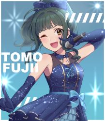 Rule 34 | &gt;;d, 1girl, ;d, black hair, blunt bangs, brown eyes, character name, dress, elbow gloves, female focus, fujii tomo, gloves, idolmaster, idolmaster cinderella girls, long hair, microphone, monotiina, one eye closed, open mouth, smile, solo, v-shaped eyebrows