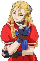 Rule 34 | 1girl, antenna hair, bengus, black undershirt, blonde hair, blue eyes, bow, brown eyes, finger to own chin, game cg, hair bow, hand on own elbow, highres, kanzuki karin, long hair, looking at viewer, non-web source, official art, portrait, red sailor collar, red serafuku, ringlets, sailor collar, school uniform, serafuku, simple background, smile, smirk, smug, solo, street fighter, street fighter zero (series), upper body, white background, zipper