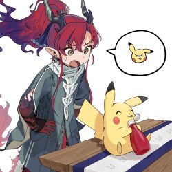 Rule 34 | 1boy, absurdres, arknights, colored extremities, commentary request, earrings, gen 1 pokemon, green eyes, grey jacket, hair between eyes, hair intakes, hands on own hips, highres, holding, horns, jacket, jewelry, ketchup, ketchup bottle, long hair, male focus, multicolored hair, nintendo, ootani ikue, open mouth, pikachu, pointy ears, pokemon, pokemon (creature), ponytail, purple hair, red hair, shoujo l, simple background, solo, sweatdrop, table, two-tone hair, voice actor connection, white background, wooden table, yu (arknights), zipper