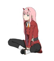 Rule 34 | 1girl, absurdres, bbb, between legs, boots, breasts, closed mouth, darling in the franxx, dress, full body, green eyes, hairband, hand between legs, highres, horns, knees, leggings, long hair, long sleeves, medium breasts, military uniform, necktie, orange necktie, pink hair, red dress, red horns, simple background, sitting, solo, white background, white hairband, zero two (darling in the franxx)