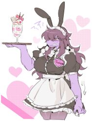1girl absurdres alternate_costume animal_ear_hairband animal_ears apron arrow_(symbol) black_dress blush bow breasts character_name clenched_teeth colored_sclera colored_skin cropped_legs cup deltarune dress embarrassed fake_animal_ears food four_weeks frilled_apron frills frown furry furry_female hairband hand_up heart heart_background highres holding holding_tray ice_cream large_breasts long_hair name_tag pantyhose puffy_short_sleeves puffy_sleeves pulling_own_clothes purple_hair purple_skin reptile_girl sharp_teeth short_dress short_sleeves skirt skirt_tug solo squiggle sundae susie_(deltarune) sweatdrop teeth tray waist_apron waitress white_bow yellow_sclera