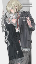 2girls against_wall black_bow black_choker black_jacket blonde_hair blush bow breast_pocket cellphone chin_rest chinese_commentary choker closed_mouth collared_shirt colored_eyelashes commentary_request cowboy_shot cross cross_earrings crossdressing diurtion earrings flip_phone flustered green_eyes grey_eyes grey_hair grey_pants grey_skirt hair_between_eyes hair_bow hair_ornament hairclip head_on_head head_rest highres holding holding_phone jacket jewelry layered_sleeves long_hair long_skirt long_sleeves looking_at_viewer multiple_girls necktie original pants parted_lips phone pleated_skirt pocket red_necktie reverse_trap sample_watermark school_uniform shirt short_hair skirt standing stud_earrings sweatdrop watermark wavy_hair white_shirt x_hair_ornament yuri
