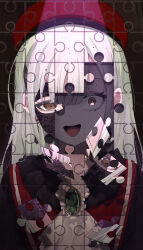Rule 34 | 1girl, :d, absurdres, ascot, bang dream!, bang dream! it&#039;s mygo!!!!!, beret, black mask, brown eyes, commentary request, constricted pupils, dual persona, earrings, feibai, green brooch, green hair, hat, highres, jewelry, jigsaw puzzle, long hair, looking at viewer, mask, masquerade mask, mortis (bang dream!), mortis (costume) (bang dream!), mortis (persona) (bang dream!), open mouth, puzzle, puzzle piece, red hat, revealing layer, sidelocks, smile, solo, split theme, straight-on, upper body, wakaba mutsumi, white ascot, wide-eyed