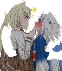 2girls after_kiss animal_ears animal_hood black_eyeliner blonde_hair blue_eyes blue_hair blue_hoodie blunt_bangs blush bob_cut breast_press breasts carrot_011 cat_ears cat_girl eyelashes eyeliner fins fish_tail gawr_gura grabbing_another&#039;s_chin grey_hair hair_between_eyes hand_on_another&#039;s_chin heart highres hololive hololive_english hood hoodie hug large_breasts licking_lips light_smile long_sleeves makeup multicolored_hair multiple_girls necktie one_side_up open_mouth plaid_clothes plaid_skirt pleated_skirt red_necktie shark_girl shark_hood shark_print shark_tail shirt short_hair short_sleeves sidelocks skirt smile streaked_hair tail tongue tongue_out torogao virtual_youtuber watson_amelia white_hair yuri