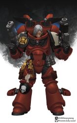 &gt;:( 1girl absurdres adeptus_astartes armor blood_ravens blue_eyes bolter full_body genderswap genderswap_(mtf) gun highres holding holding_gun holding_weapon looking_at_viewer nnnmengmeng no_headwear power_armor red_armor skull_ornament solo standing twitter_username v-shaped_eyebrows warhammer_40k weapon white_background white_hair