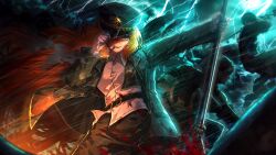 2boys belt black_pants blood collared_shirt game_cg gloves green_jacket harpoon hat heathcliff_(project_moon) highres holding holding_smoking_pipe ishmael_(project_moon) jacket lightning limbus_company long_hair military_hat military_jacket military_uniform multiple_boys nai_ga ocean official_art orange_hair pants pipe_in_mouth project_moon rope shirt smoke smoking smoking_pipe storm wavy_hair white_gloves white_shirt yi_sang_(project_moon)