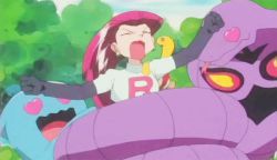 1girl animated animated_gif arbok creatures_(company) game_freak gen_1_pokemon gen_2_pokemon jessie_(pokemon) lowres nintendo pokemon pokemon_(anime) pokemon_(creature) shuckle team_rocket wobbuffet