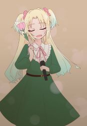 Rule 34 | 1girl, :d, absurdres, amado (amaddo club), blonde hair, blue hair, brown background, collared dress, commentary, curtained hair, dakishimeru hanabira, dress, fang, flower, gradient hair, green dress, hair flower, hair ornament, highres, holding, holding flower, holding microphone, link! like! love live!, long sleeves, love live!, medium dress, microphone, multicolored hair, neck ribbon, official alternate costume, open mouth, osawa rurino, parted bangs, pink flower, pink ribbon, ribbon, simple background, skin fang, smile, solo, tulip, twintails, virtual youtuber