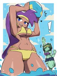 ! 2girls absurdres arms_up ball barefoot beachball bikini bikini_top_only black_shorts blue_eyes blush breasts cleavage closed_eyes cloud collarbone colored_skin dark_skin earrings green_hair green_skin hairband heart highres holding jewelry large_breasts long_hair looking_at_viewer multiple_girls navel ocean open_mouth ponytail purple_bikini purple_hair rottytops shantae shantae_(series) short_hair shorts sky smile sparkle standing standing_on_one_leg stitches swimsuit teeth tony_welt water waving wayforward wide_hips yellow_bikini zombie