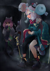 3girls against_wall armpits bare_shoulders bead_necklace beads bike_shorts black_footwear black_leggings blue_hair blush bow bow-shaped_hair breasts breath cave clothes_lift creatures_(company) dark detached_sleeves dress dress_lift embarrassed fang female_focus game_freak gen_1_pokemon green_bow green_dress green_sleeves hair_ornament hat heavy_breathing iono_(fall_2024)_(pokemon) iono_(pokemon) japanese_text jewelry klara_(pokemon) leggings legs lifting_own_clothes long_hair long_sleeves looking_at_another magnemite mizuumi_(expanse_lake) multicolored_eyes multicolored_hair multicolored_hat multiple_girls necklace nintendo nose_blush open_mouth pee peeing peeing_self pink_hair pokemon pokemon_masters_ex pokemon_swsh puddle purple_eyes qingdai_guanmao red_trim shauntal_(fall_2024)_(pokemon) shauntal_(pokemon) shoes sidelocks sideways_mouth single_leg_pantyhose sleeveless sleeveless_dress sleeves_past_fingers sleeves_past_wrists small_breasts solo_focus standing steam sweat tears translation_request trembling two-tone_hair very_long_hair wide_sleeves yellow_eyes