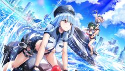 3girls bare_legs between_breasts blue_hair breast_cutout breasts cleavage_cutout clothing_cutout collared_shirt cuffs dolphin_wave fingerless_gloves game_cg gloves green_eyes green_hair handcuffs harunami_anri hat high_heels highres holding holding_handcuffs jet_ski large_breasts long_hair looking_ahead miniskirt multiple_girls nayuki_hiori necktie necktie_between_breasts non-web_source official_art ootomo_takuji open_mouth pink_eyes pink_hair police police_hat police_uniform policewoman ponytail red_eyes shirt short_sleeves side_ponytail skirt standing_on_person sweatdrop urami_kana watercraft