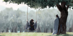 Rule 34 | 2boys, black boots, black hair, black hanfu, boots, chinese clothes, forest, full body, grass, hanfu, headband, high ponytail, jian (weapon), lan wangji, long hair, long sleeves, male focus, modao zushi, multiple boys, nature, on swing, open mouth, outdoors, pants, ponytail, red sash, sash, smile, squatting, standing, swing, sword, sword tassel, topknot, tree, weapon, wei wuxian, white hanfu, white headband, white pants, wide sleeves, xianduguaitan, xiao guan (headdress)