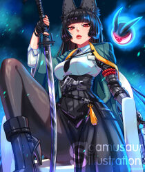 1girl animal_ear_fluff animal_ears black_gloves black_hair black_necktie black_pantyhose black_shoes black_skirt blunt_bangs boots breasts can cape commentary english_commentary fingerless_gloves fox_ears gamusaur gloves green_cape high_heels highres holding holding_can holding_sword holding_weapon horns hoshimi_miyabi katana lips long_hair looking_at_viewer mechanical_arms monster_energy necktie pantyhose prosthesis prosthetic_arm red_eyes shirt shoes single_mechanical_arm sitting skirt solo sword tailless_(zenless_zone_zero) weapon white_shirt zenless_zone_zero
