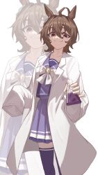 1girl agnes_tachyon_(umamusume) ahoge animal_ears brown_hair chemical_structure closed_mouth coat de-lease earrings erlenmeyer_flask flask hair_between_eyes highres holding holding_flask horse_ears horse_girl jewelry lab_coat long_sleeves open_clothes open_coat pleated_skirt purple_sailor_collar purple_shirt purple_skirt purple_thighhighs sailor_collar school_uniform shirt short_hair simple_background single_earring skirt sleeves_past_fingers sleeves_past_wrists smile solo standing thighhighs tracen_school_uniform umamusume white_background white_coat wolf_cut
