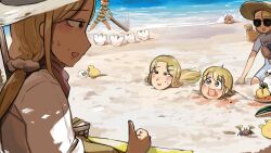 Rule 34 | 6+girls, :d, baby animal, beach, bird, blindfold, blonde hair, blue eyes, blue one-piece swimsuit, brown hair, buried, chicken, chili pepper, clumsy nun (diva), commentary, crab, diva (hyxpk), dog, duck, duckling, english commentary, food, froggy nun (diva), fruit, green one-piece swimsuit, grey hair, hat, highres, leaf nun (diva), little nuns (diva), long hair, multiple girls, ocean, old-fashioned swimsuit, one-piece swimsuit, open mouth, sand, sandwich, shirt, smile, spicy nun (diva), strict nun&#039;s mother (diva), strict nun (diva), striped clothes, striped one-piece swimsuit, sun hat, sunglasses, swimsuit, thumbs up, watermelon, white shirt