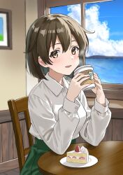1girl alternate_costume blue_sky breasts cake cake_slice chair coffee cup day disposable_coffee_cup disposable_cup food fruit green_skirt hiryuu_(kancolle) horizon indoors kantai_collection logo_parody looking_at_viewer medium_breasts ocean sakana_u_u shirt sitting skirt sky smile starbucks strawberry strawberry_shortcake table water white_shirt window