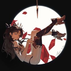 1girl absurdres black_panties bra breasts brown_hair fate/grand_order fate_(series) highres ishtar_(fate) leimiliya34162 long_hair looking_at_viewer medium_breasts panties red_eyes sitting solo tiara twintails underwear white_bra
