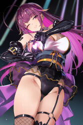 1girl antenna_hair back_bow belt black_background black_corset black_gloves black_leotard black_thighhighs blunt_bangs bow breasts cleavage colored_inner_hair commentary corset cowboy_shot earrings elbow_gloves english_commentary finger_frame fishnet_thighhighs fishnets garter_straps gloves grin haikeiyu head_tilt heart highres jewelry large_bow large_breasts latex latex_gloves leotard long_hair looking_at_viewer multicolored_hair nanashi_inc. o-ring o-ring_thigh_strap one_eye_closed pink_hair purple_bow purple_eyes purple_hair smile solo thigh_strap thighhighs uruwashi_ririri virtual_youtuber yellow_belt