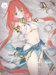 1girl absurdres aqua_eyes blue_brooch blue_skirt breasts commentary_request detached_sleeves e6imay0 genshin_impact hands_on_own_chest harem_outfit heart highres jewelry large_breasts long_hair looking_at_viewer low_twintails lying navel nilou_(genshin_impact) no_headwear on_back partial_commentary pelvic_curtain red_hair skirt solo spoken_heart stomach thighlet twintails underboob unworn_veil very_long_hair white_sleeves