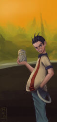 1boy black_hair cartoon_network coin denim ed_edd_n_eddy eddy_(ed_edd_n_eddy) highres jar jeans male_focus money painting_(medium) pants pskibobby road shirt sidewalk sky smile smirk solo solo_focus spiked_hair traditional_media yellow_shirt yellow_sky