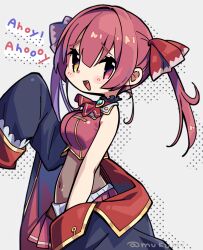 1girl ascot black_coat blush bodystocking bow coat cropped_vest gold_trim hair_bow heterochromia highres hololive houshou_marine lapels looking_at_viewer mukumi navel notched_lapels open_mouth red_ascot red_bow red_eyes red_hair red_vest sidelocks smile solo twintails vest virtual_youtuber yellow_eyes