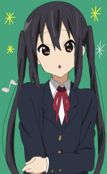 1girl artist_request black_hair blush brown_eyes dot_nose feet_out_of_frame female_focus green_background hair_between_eyes k-on! long_hair long_sleeves looking_at_viewer musical_note nakano_azusa open_mouth sakuragaoka_high_school_uniform school_uniform simple_background solo source_request standing teeth twintails