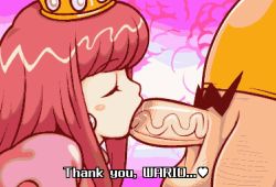 1boy 1girl blush_stickers bottomless closed_eyes crown derivative_work earrings english_text erection eyelashes fellatio from_side happy hetero jewelry large_penis large_testicles long_hair male_pubic_hair mario_(series) nintendo oral out_of_frame penis pink_hair princess princess_shokora pubic_hair puffy_sleeves sagging_testicles screenshot_redraw shioinu_kemushi shirt testicles text_focus uncensored veins veiny_penis wario wario_land wario_land_4 yellow_shirt