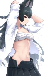 1girl absurdres animal_ear_fluff animal_ears arms_up bandages black_hair black_skirt blunt_bangs braid breasts chest_sarashi cleavage closed_mouth collarbone fox_ears highres hoshimi_miyabi kirima_(user_danf8787) long_hair looking_at_viewer medium_breasts midriff navel open_clothes open_shirt pleated_skirt red_eyes sarashi shirt simple_background skirt small_breasts solo stomach upper_body very_long_hair white_background white_shirt zenless_zone_zero