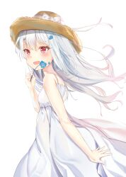 Rule 34 | 1girl, bare arms, bare shoulders, dress, ears visible through hair, fate/grand order, fate (series), flower, hair between eyes, hair ornament, hairpin, hat, highres, holding, holding flower, illyasviel von einzbern, k ittan, long hair, open mouth, red eyes, simple background, sleeveless, sleeveless dress, smile, solo, spaghetti strap, straw hat, sun hat, sundress, very long hair, white background, white dress, white hair