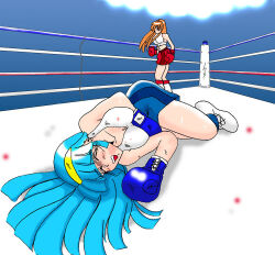 2girls artist_request boxing_gloves boxing_ring catfight defeat multiple_girls source_request translation_request
